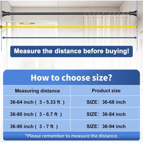 YNL Matte Black Shower Curtain Rod 36-84 Inch(3-7ft), No Slip No Drill Stainless Steel Spring Tension Curtain Rod, No Rust Shower Rod Adjustable For Bathroom Window Bedroom