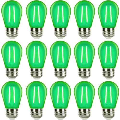 Green S14 LED Bulbs 2 Watt Replacement Bulbs for Outdoor String Lights, Shatterproof Waterproof E26 Base Vintage LED Filament Green Light Bulbs for Christmas Halloween Decoration, 15 Pack