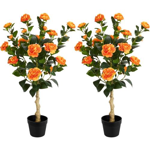 3FT Artificial Camellia Tree, 2 Pack Fake Camellia Tree Artificial Tree, Faux Floral Plants in Cement Pot, Greenery Potted Plant for Indoor Outdoor Home Office Porch Decor (Orange)