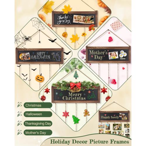 Bikoney Picture Frames Collage Photo Hanging Display Picture Board Wood Rustic Frames for Wall Decor and Dorm Room Decor with Blackboard and 30 Clips Carbonized Black