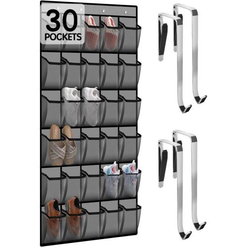 Over the Door Shoe Organizer with 30 Breathable Mesh Pockets - Large Capacity Closet Storage for Men & Women, Hanging Shoe Rack Organizer (Gray)