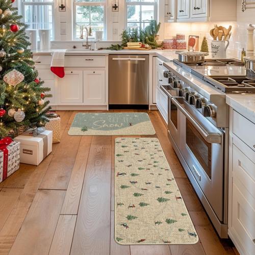 Artoid Mode Skiing Snowboards Let It Snow Winter Kitchen Mats Set of 2, Christmas Low-Profile Home Decor Kitchen Rugs for Floor - 17x29 and 17x47 Inch