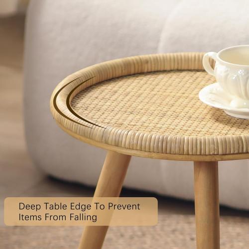 Small Side Table, Rattan Round Coffee Table, Boho Circle Side Tables End Table for Living Room, Mid Century Accent Table for Bedroom Balcony