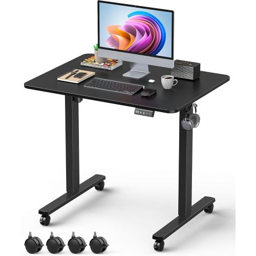 32 Small Rolling Electric Standing Desk Adjustable Height for Home Office | Mobile Sit Stand up Desk with Lockable Casters for Computer Workstation, Memory Preset, 2 Hooks, Black Frame/Black Top