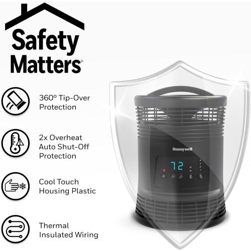 Honeywell HHF370B 360 Degree Surround Fan Forced Heater with Surround Heat Output Charcoal Grey Energy Efficient Portable Heater with Adjustable Thermostat & 2 Heat Settings , Black