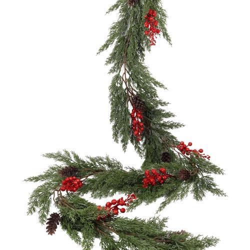 RECUTMS Christmas Pine Garland 6.2FT Artificial Christmas Cedar Garlands with Pine Cones Red Glitter Berry Stems Faux Cypress Wreath for Door Window Wall Mantel Indoor Outdoor Xmas Decor(Red Berry)