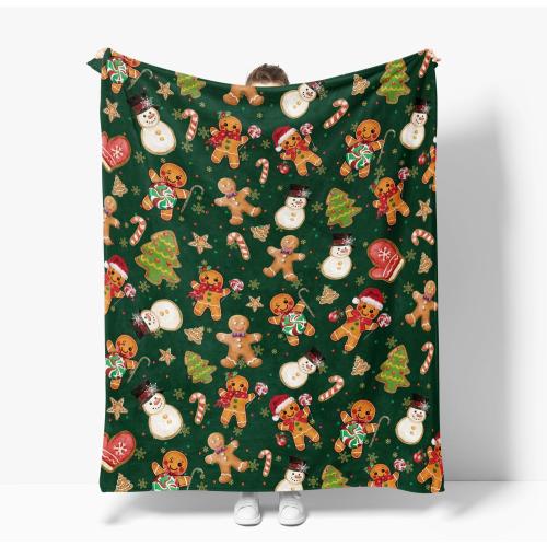 Horaldaily Christmas Flannel Blanket Throw, Green Gingerbread Man Christmas Bear Soft Fuzzy Plush Cozy Fleece Blankets for Couch Sofa Bed Lounging, Ideal Gifts for Kids Adults Wife Self, 50x60