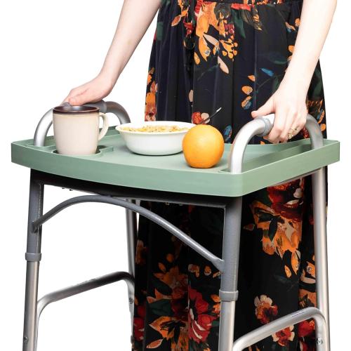 Sigo Green Walker Tray for Rolling Folding Walker, Tray Table with Cup Holder for Standard Walkers Seniors, Detachable Non Slip TV Accessories Basket Holding Plate Cups Clip On Small Bag Carrier
