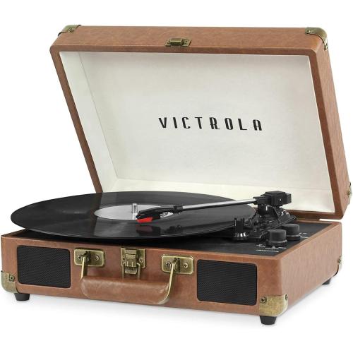 Victrola Journey - Bluetooth Suitcase Record Player - Brown | Built-in stereo speakers, 3-speed turntable plays 7, 10 and 12 records, Bluetooth streaming, headphone jack