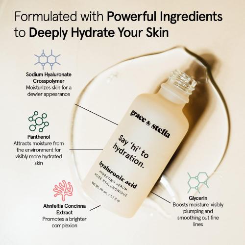 grace & stella Award Winning Hyaluronic Acid Serum (50ml/1.7 fl oz) Hydrating Hyaluronic Acid Serum for Face - Acido Hialuronico for Women - Remove Fine Lines, Wrinkles, Anti Aging - Vegan Skincare