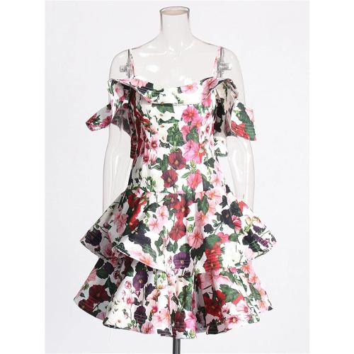 Women's XL Floral Printing Mini Dress Square Collar Sleeveless High Waist Ruffles Dresses