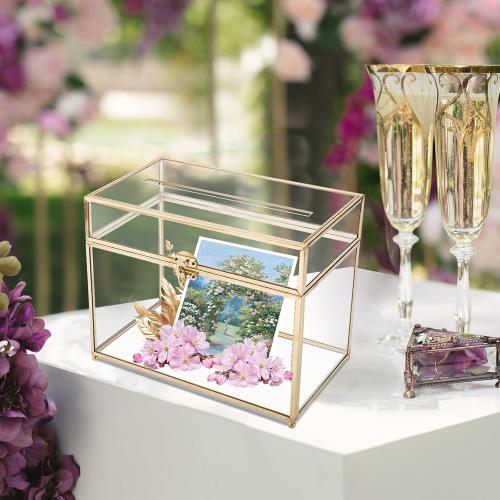 HighFree Glass Card Box, Large Clear Card Box for Wedding Receptions, Decorative Storage Box for Baby Shower, Birthday Party, Bridal Shower (With Slot, Gold)
