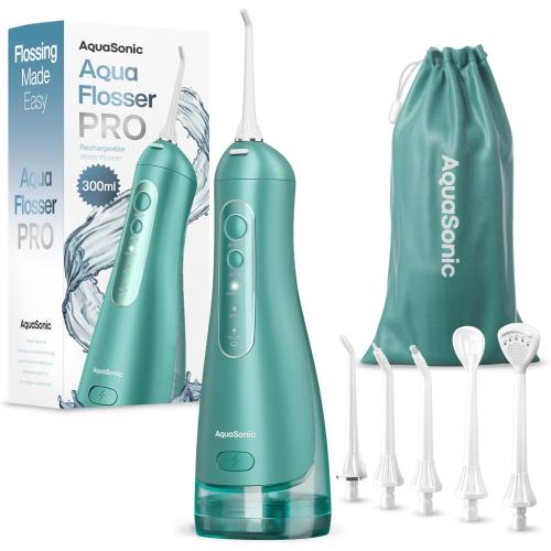 AquaSonic Aqua Flosser PRO - Rechargeable Electric Cordless Water Flosser for Teeth, Gums & Tongue - Waterproof Modern Design, 300ml Large Tank, 3 Modes, 6 Jet Tips, Deluxe Tongue Nozzle - Green