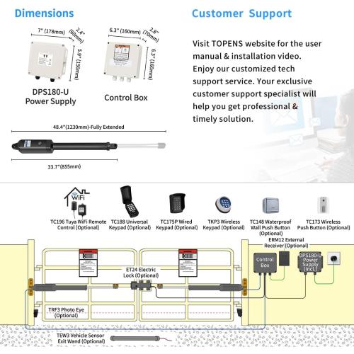TOPENS PW802 Automatic Gate Opener for Heavy Duty Dual Swing Gates Up to 18ft per Arm, Dual Swing Gate Operator AC Powered with Remote Control Kit Gate Motor Solar Compatible