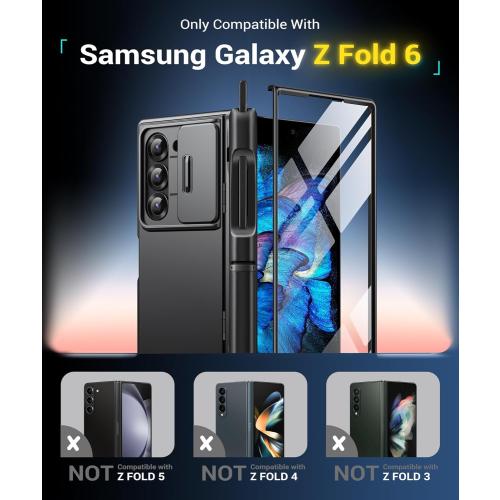 BERFY for Samsung Galaxy Z Fold 6 Case with Screen Protector, [2 Invisible Kickstand] Built-in S Pen Holder and Slide Camera Cover, [Anti Spy] Full-Body Shockproof Slim Phone Case for Z Fold 6, Black