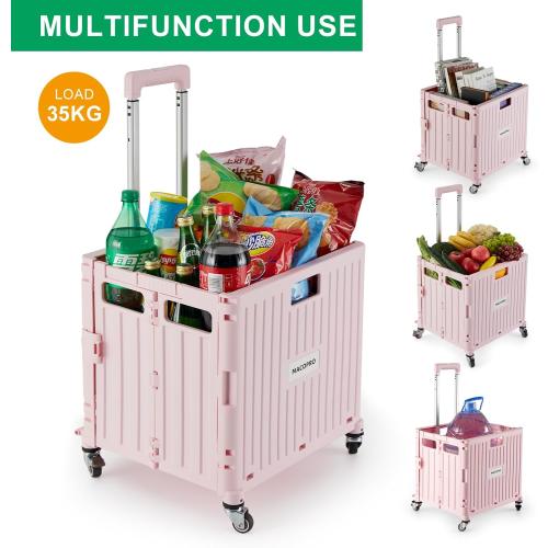 MACOPRO Folding Utility Cart Portable Rolling Crate Handcart Shopping Trolley Collapsible Tool Box, with Lid, Basket on 4 Rotate Wheels, for Grocery, Shopping, Office, Teacher (Pink)
