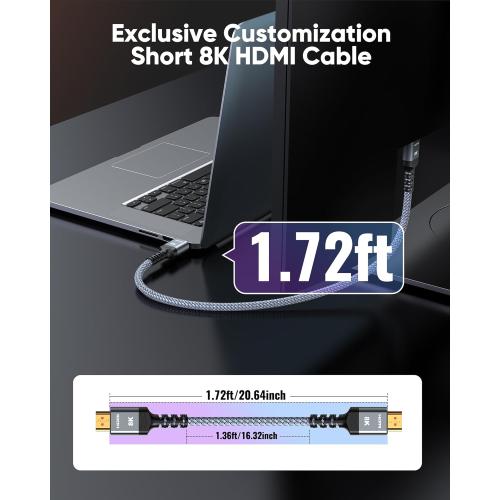 Highwings Extra Short 8K HDMI Cable 1.72ft Total Length, 1.36ft Cable Length, Ultra High Speed HDMI Braided Cord-4K@120Hz, 8K@60Hz,eARC, Compatible for PS5,Monitor,PC and More
