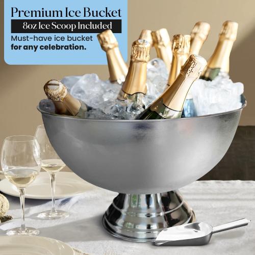 Premium 12L Large Ice Bucket for Parties – 16x16x10 Silver Stainless Steel Beverage Tub with Scoop – Insulated Ice Bucket for Cocktail Bar, Beers & Champagnes – 1.77kg Drink Bucket for Celebrations