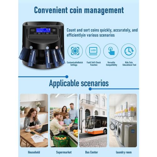 Coin Counter and USD Coin Sorter with LCD Display, 300-Coin Capacity, Automatic Change Counter for 1￠ 5￠ 10￠ 25￠ $1, 270 Coins/min,Coin Sorter and Wrapper Machine for Fast & Accurate Sorting