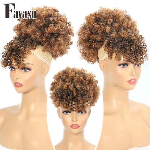 Afro Puff Drawstring Ponytail with Kinky Curly Hair Clip in Bangs Short Ponytail Extension Black Girl Updo Hairpieces for Black Women (T30)