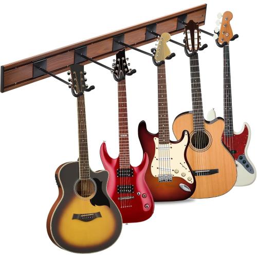 MOREYES Guitar Wall Mount - Holds Multiple Guitars, 5 Rotatable Hooks - Suits Acoustic, Electric, Bass - Alloy Steel, Rosewood