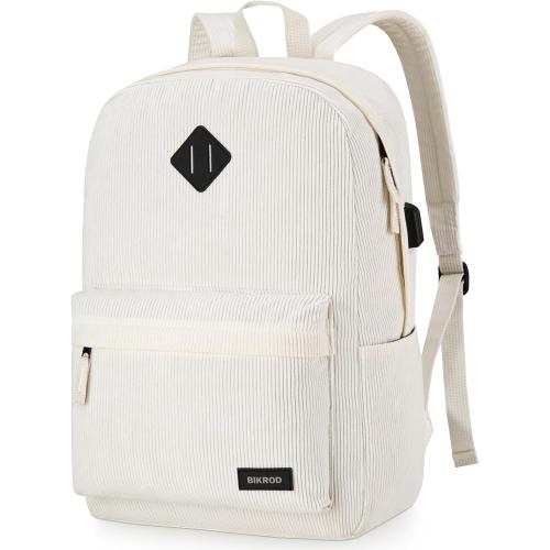 Beige School Backpack for Girls, Boys, Women - Lightweight Casual Soft Corduroy With USB Charging Port, Large Cute Bookbag for Teens, Kids - Fits 15.6 Inch Notebook color BLACK