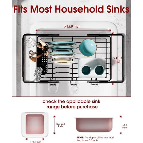 Dish Drying Rack in Sink - Expandable Stainless Steel Dish Rack Over The Sink, Kitchen Sink Drain Strainer with Cutlery Holder & Cup Holders, 15.4 x 9.8 x 3.0 Inch, Black