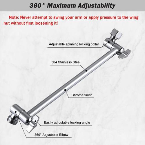 12-Inch Shower Head Extension Arm, Adjustable Shower Extension Arm, Stainless Steel Shower Arm Extender, Compatible with G1/2 Universal Connector, Chrome