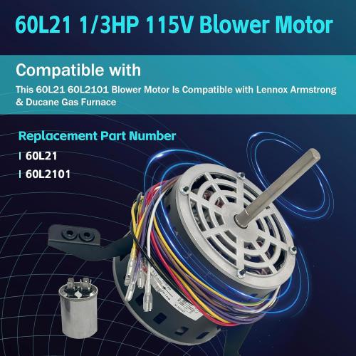 60L21 Blower Motor, 1/3 HP Furnace Blower Motor, 4-Speed, 115V, 1075 RPM Compatible with Lennox Armstrong & Ducane Gas Furnace Replace # 60L21, 60L2101