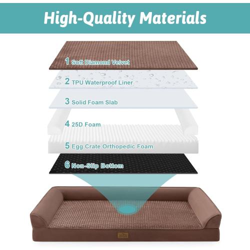 COZY KISS Orthopedic Large Dog Beds, Bolster Pet Couch with Waterproof Lining, Egg Crate Foam Sofa for Pets Up to 65 lbs, U-Shaped, 36x27x6.5 inch, Brown