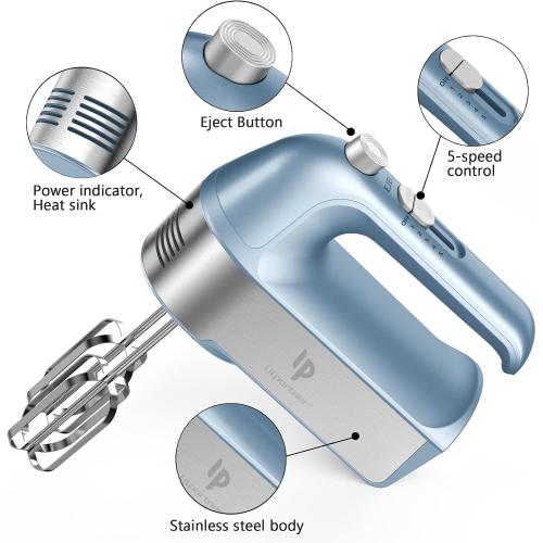 Hand Mixer Electric, 450W Kitchen Mixers with Scale Cup Storage Case, Turbo Boost/Self-Control Speed   5 Speed   Eject Button   5 Stainless Steel Accessories, For Easy Whipping Dough, Cream, Blue