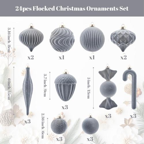 Velvet Ornaments for Christmas Tree Decorations - Dusty Blue Flocked Christmas Ornament Set for Winter Holiday Decor - Shatterproof Xmas Balls Ornaments Bulk - Pack of 24