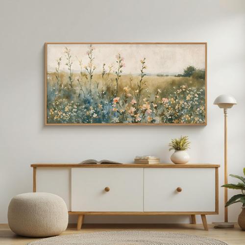HLNIUC Vintage Watercolor Wildflower Landscape Horizontal Wall Art Framed, Large Retro Floral Wall Decor(20x40), Nature Wilderness Farmhouse Rustic Field Canva Painting for Living Room,Bedroom, Office