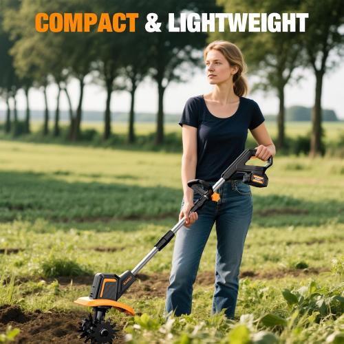 SOARFLY Upgraded Cordless Tiller for Gardening with Dual 2.0Ah Batteries, 48 Steel Tines Battery Rototiller, 9 Width 6.6 Depth Garden Tiller Cultivator for Soil, Tending & Composting (Orange)