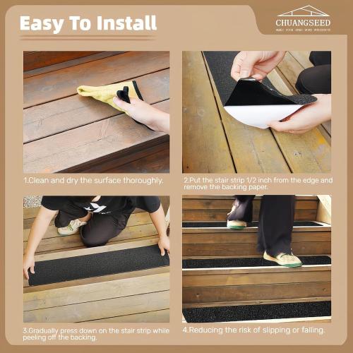 CHUANGSEED 12-Pack Non-Slip Outdoor Stair Treads Grip Tape 12'' x 30'', Heavy Duty Black Grit Anti-Slip,High Traction Adhesive Treads Suitable for Most Slippery Surfaces