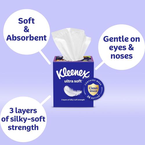 Pañuelos faciales Kleenex Ultra Soft, 7 cajas planas, 80 pañuelos por caja, 3 capas (560 en total), el empaque puede variar
