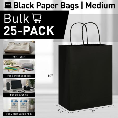 SUNCOLOR 25-Pack Black Gift Bags with Handles – 8x4.5x10 Medium Goodie Bags for Party Favors, Retail, Halloween & Weddings