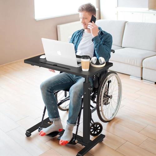 Black Adjustable Overbed Bedside Table, Hospital Bed Table with Wheels, Portable Rolling Desk, Mobile Small Standing Desk, Rolling Laptop Stand, Computer Cart