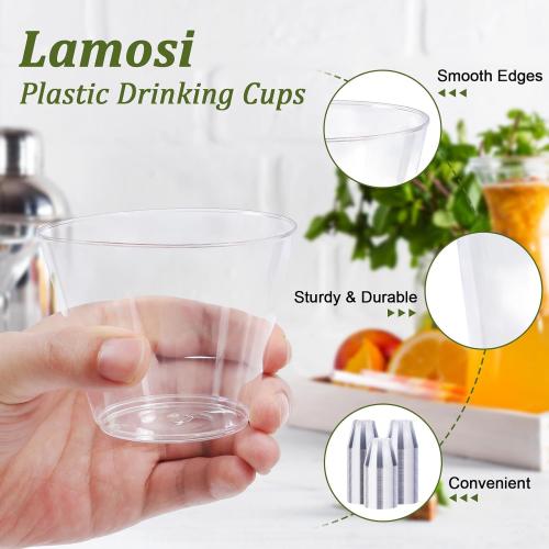 Lamosi 150 Pack 9 oz Clear Plastic Cups, Disposable Clear Plastic Cups, Fancy Clear Plastic Cocktail Cups for Wedding, Thanksgiving, Christmas, Parties