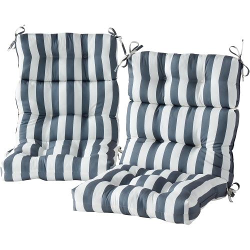 Outdoor Tufted High-Back Chair Cushions, One-Piece Hinged Seat and Back Design, Reversible with 4 Ties, Durable Polyester Fabric, Recycled Fiber Fill - Set of 2, Canopy Stripe Gray