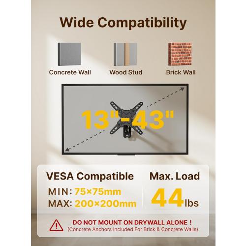 monTEK Full Motion TV Wall Mount Bracket for Most 13-43 Inch LED LCD Flat Screen TVs & Monitors, Swivel Tilt Extension Rotation with Articulating Arms, TV Mount Max VESA 200x200mm, up to 44lbs