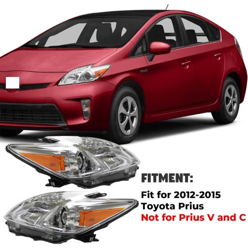 Headlight Assembly Fit for 2012-2015 Toyota Prius,Halogen Headlamp Replacement Driver Passenger Side Chrome Housing Amber Reflector Clear Lens TO2518134 TO2519134