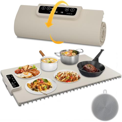 Food Warming Mat - Portable Electric Food Warmer - With Silicone Pad for Easy Cleaning - for Parties - Home Use - Foldable (Beige)