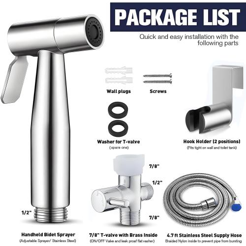 New Version Handheld Bidet Sprayer for Toilet, Premium Stainless Steel Bathroom Bidet Sprayer Set, Baby Cloth Diaper Sprayer with Superior Complete Spray Hoses Kit, Support Wall or Toilet Mount