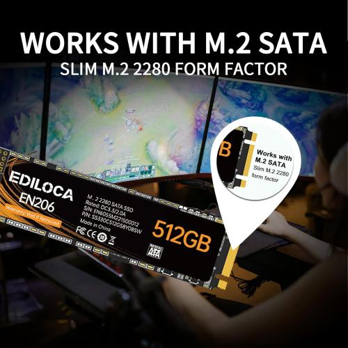 EN206 512GB 3D NAND TLC M.2 SSD, M.2 2280 SATA III 6Gb/s SSD Internal Hard Drive, Read/Write Speed up to 550/460 MB/s, Compatible with Ultrabooks, Tablet Computers and Mini PCs