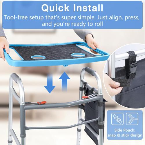 Walker Tray for Seniors with Dual Cup Holders & Side Pouch (Blue) | Durable Food & Drink Table, Lightweight with Non-Slip Pad, Compatible with Walker of 10210-1 Model