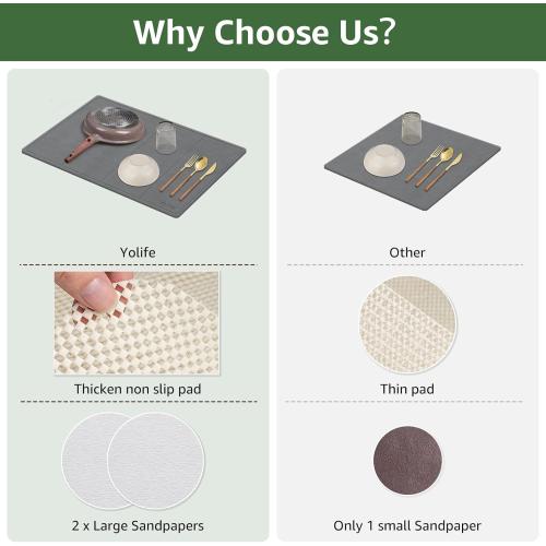 Yolife Extra Large Stone Drying Mat for Kitchen Counter, 23.7 x 15.4 Kitchen Stone Dish Drying Mat, Quick Drying Diatomaceous Earth Dish Drying Mat, Stone Dish Mat with Non Slip Pad (Grey)