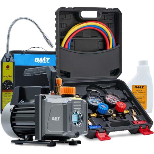 Orion Motor Tech R1234yf AC Vacuum Pump and Gauge Set, 1/3 hp 4 cfm Vacuum Pump Manifold Gauge Kit with Leak Detector 3 Hoses & Adapter for R1234yf, A/C Vacuum Pump Kit for Auto HVAC Systems