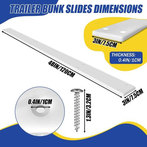 Size 48 X 3 PE Trailer Bunk Glides, Heavy Duty Boat Trailer Bunk Slide Pads with Screws and 12 Holes, Smoother Boat Trailer Glide Bunk Enders for Loadings and Launches Easier