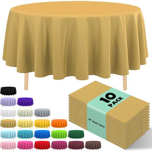 10 Pack Premium Disposable Plastic Tablecloth Round Table Cover for Birthdays Weddings Christmas Anniversary Buffet Table (Gold)